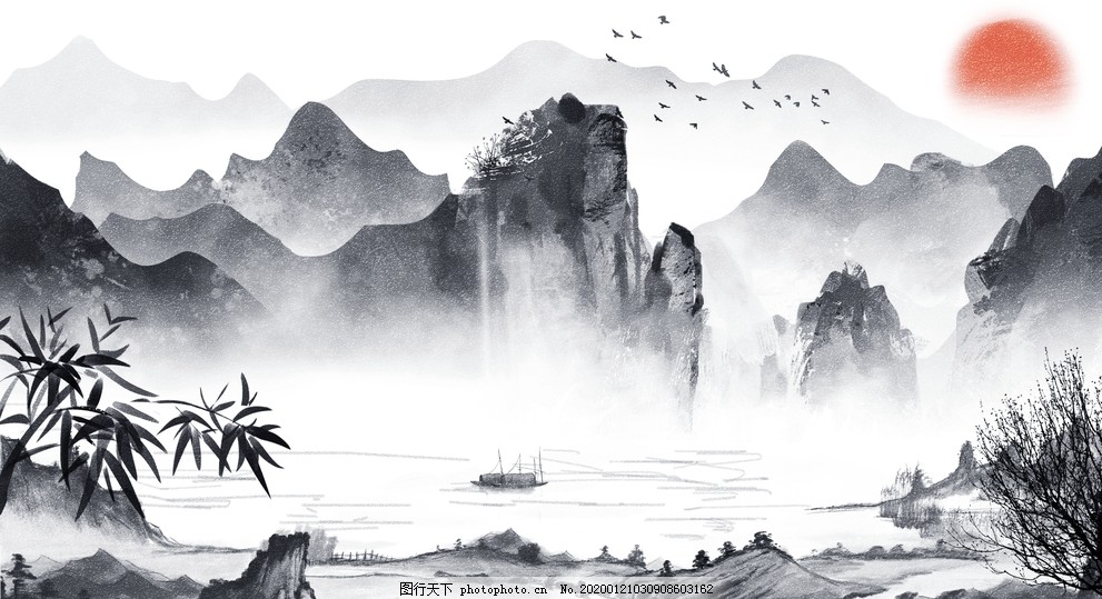 山水风景黑白亭子矢量图图片_其他_其他-图行天下素材网